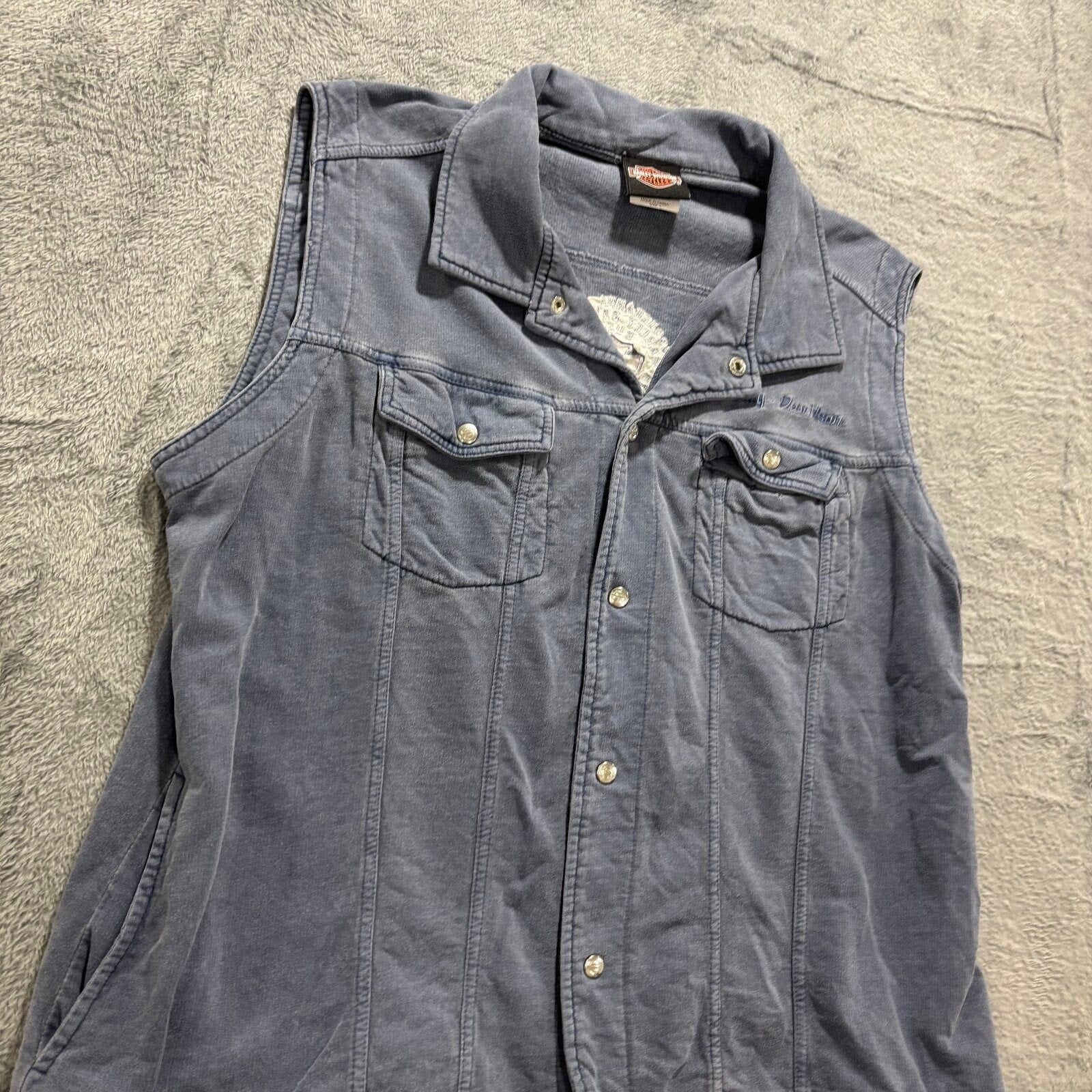 Harley-Davidson Womens L Blue Cotton Snap Front Biker Vest Vintage Casual