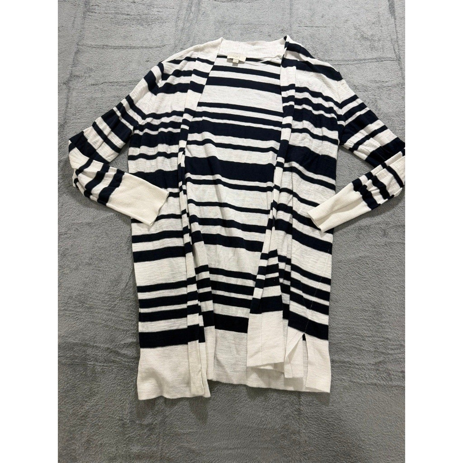 Loft Outlet Striped Cardigan Women L Navy White Open Front Coastal Preppy Career