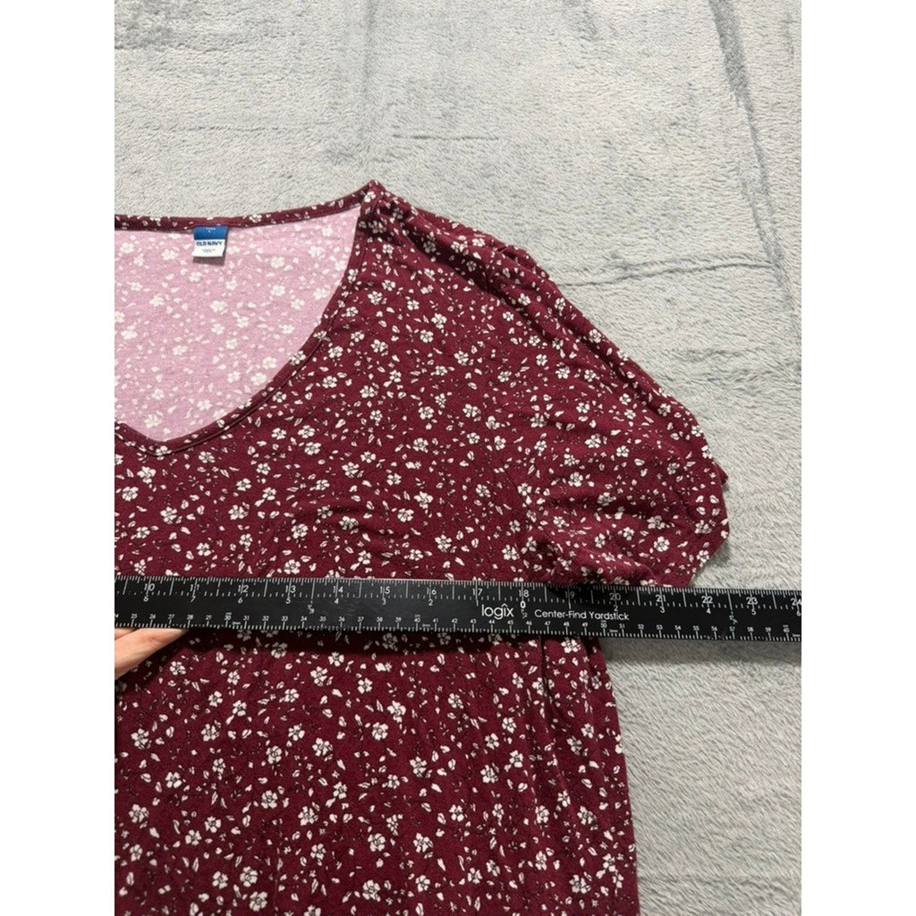 Old Navy Luxe Womens Large Burgundy Floral V-Neck Puff Short Sleeve Top Shirt