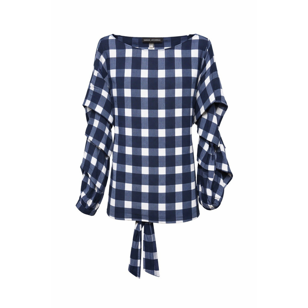 Banana Republic XS Ruffle Sleeve Navy Check Plaid Tie Back Blouse Top