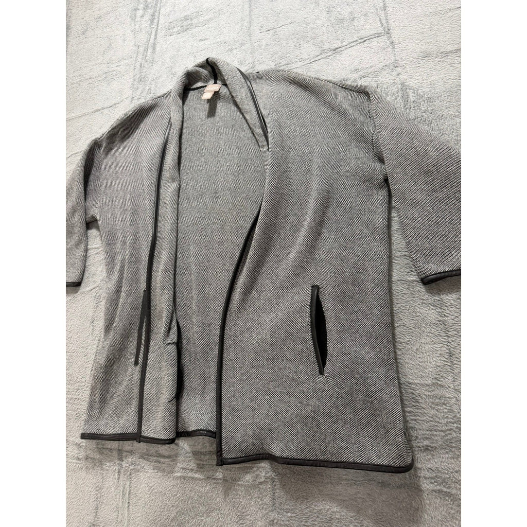 Chicos Grey Black Birds Eye Knit Open Front Cardigan Faux Leather Trim Size 2 L