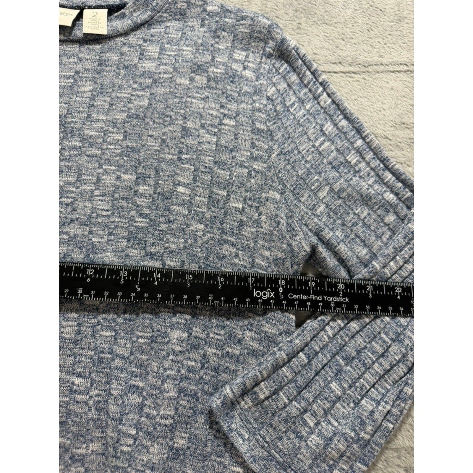 Chicos Top Womens 2 Blue Marled Knit Tunic Asymmetrical Hem Button Side