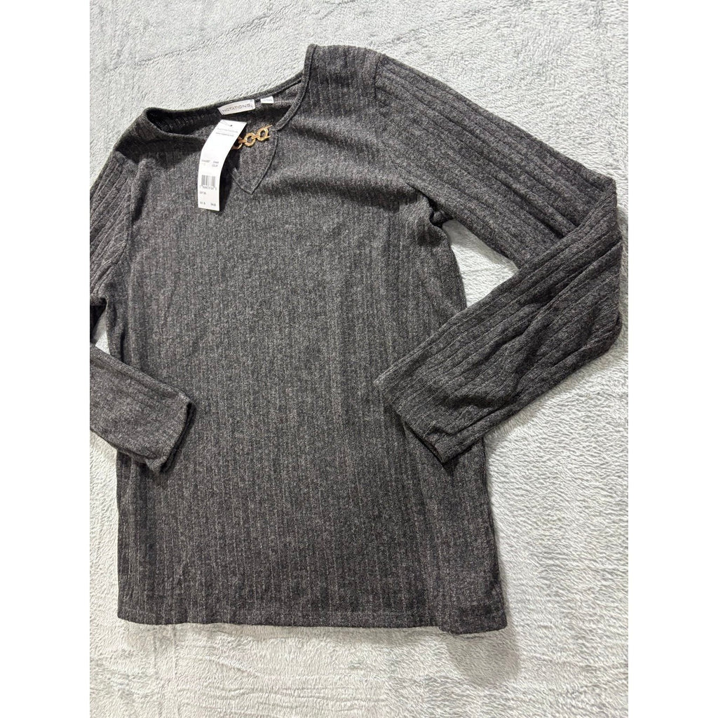 Notations Womens M Charcoal Gray Ribbed Long Sleeve Top Gold Chain Casual Preppy