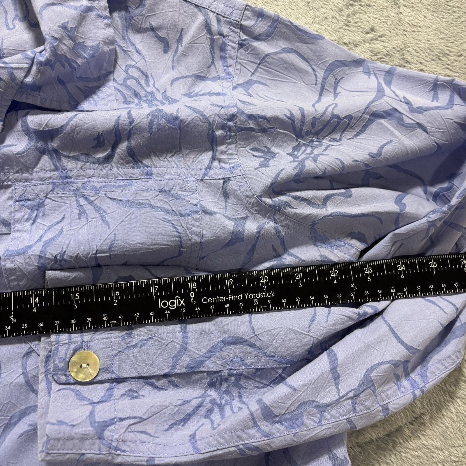Denim & Co. L Blue Floral Button Down Shirt Womens Casual Coastal Vintage