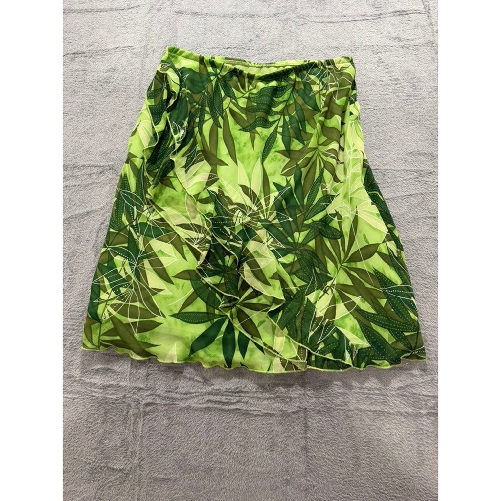 Worthington Green Tropical Leaf Print Ruffle Front Skirt Size 16 Elastic Waist