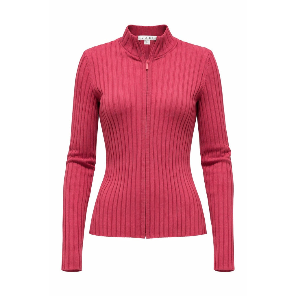 CAbi Ribbed Zip Sweater Womens Small Pink Silk Blend Fitted Stretch Y2K