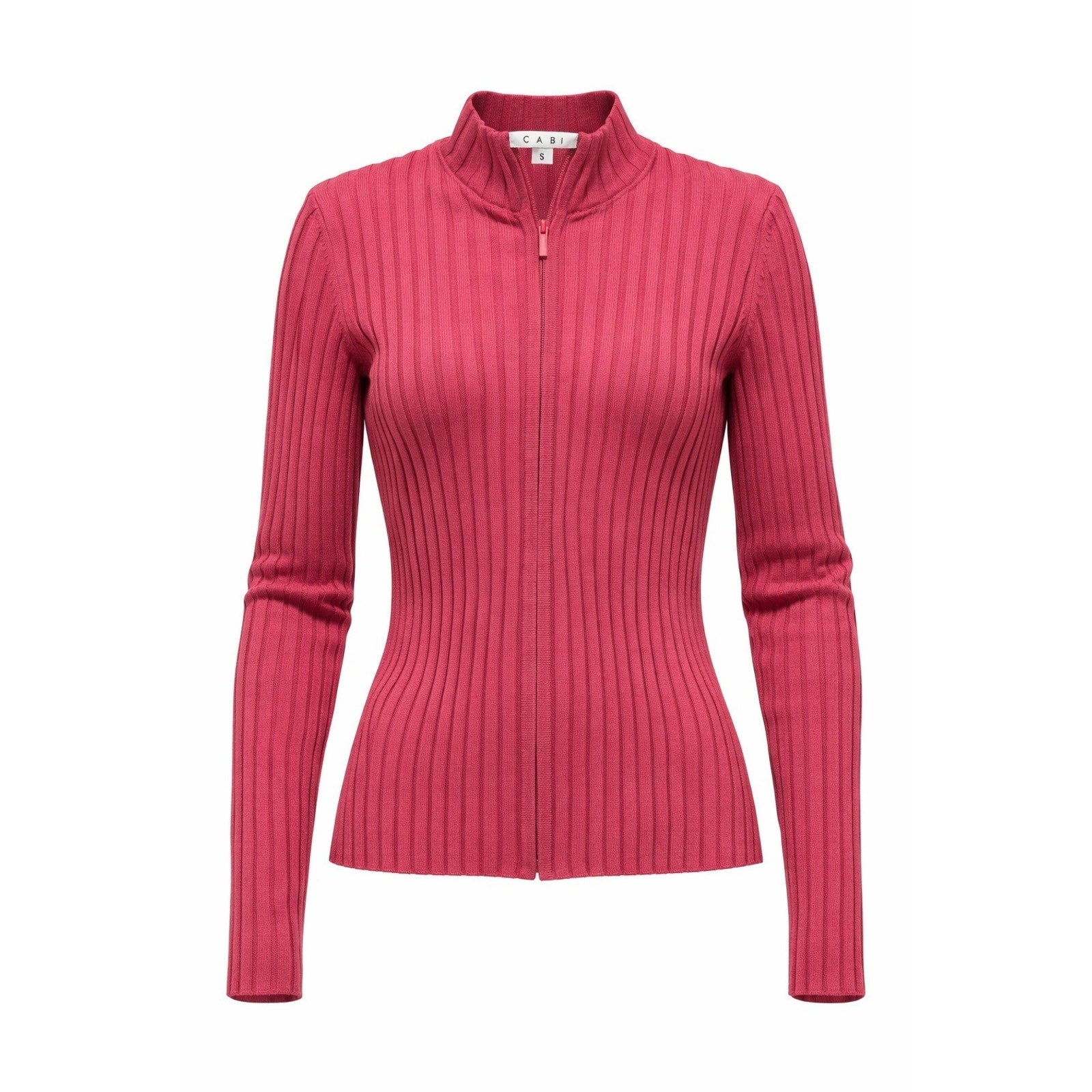 CAbi Ribbed Zip Sweater Womens Small Pink Silk Blend Fitted Stretch Y2K
