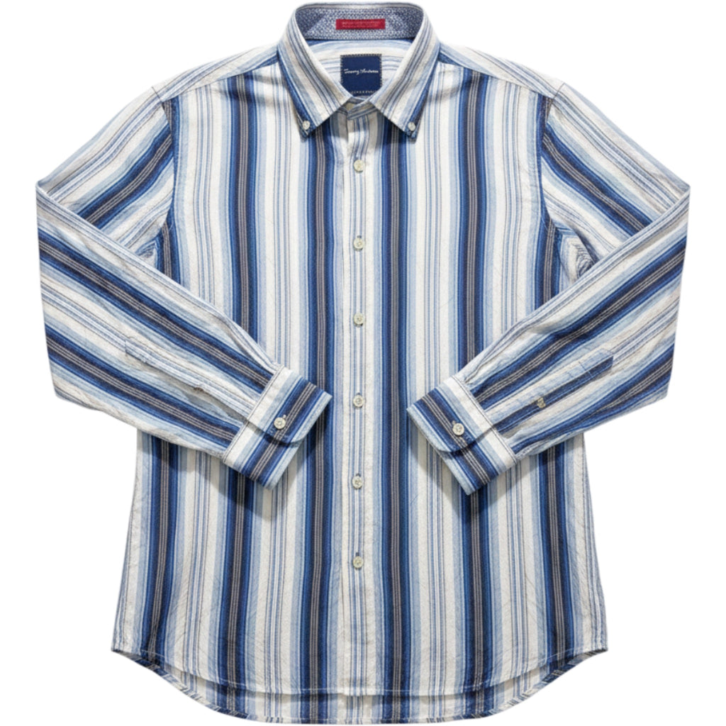 Tommy Bahama Shirt Mens Large Silk Blend Blue Stripe Button Down Casual