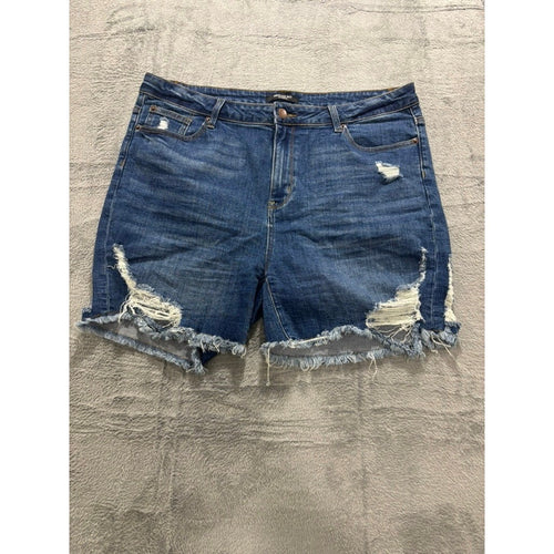American Bazi Plus 2X Dark Wash Distressed Denim Shorts Frayed Hem Stretch