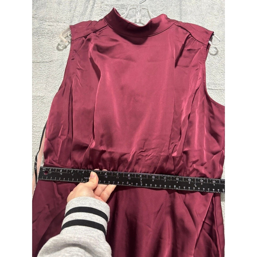 Lulus Burgundy Satin High Neck Draped Maxi Dress Size XL Sleeveless Side Slit
