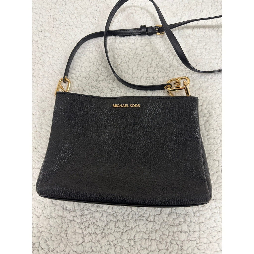 Michael Kors Small Black Pebbled Leather Crossbody Bag Purse Gold Logo Classic