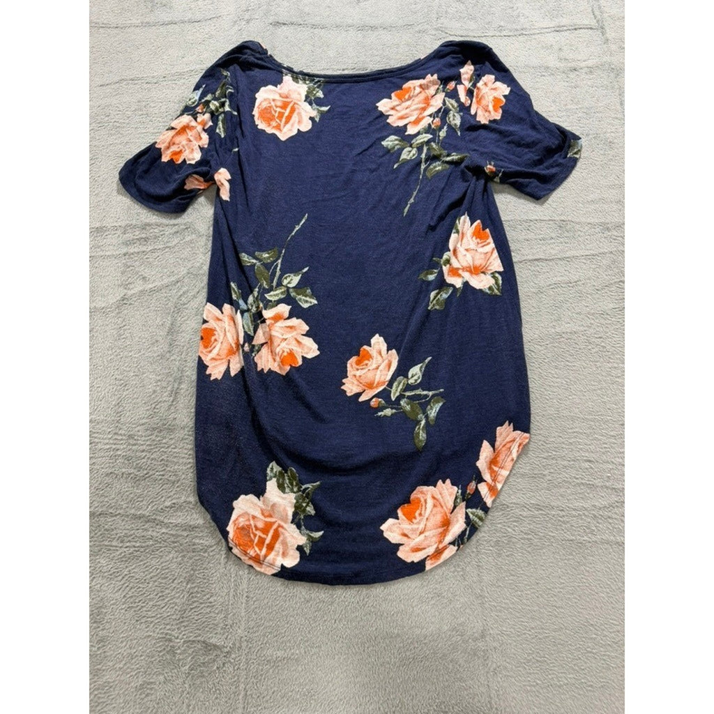 Maurices 24/7 Navy Peach Rose Floral High-Low T-Shirt Womens Large Boho Scoop