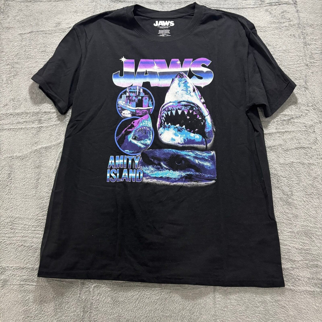 Jaws L Black Womens Graphic T-Shirt Amity Island Retro Vintage Casual