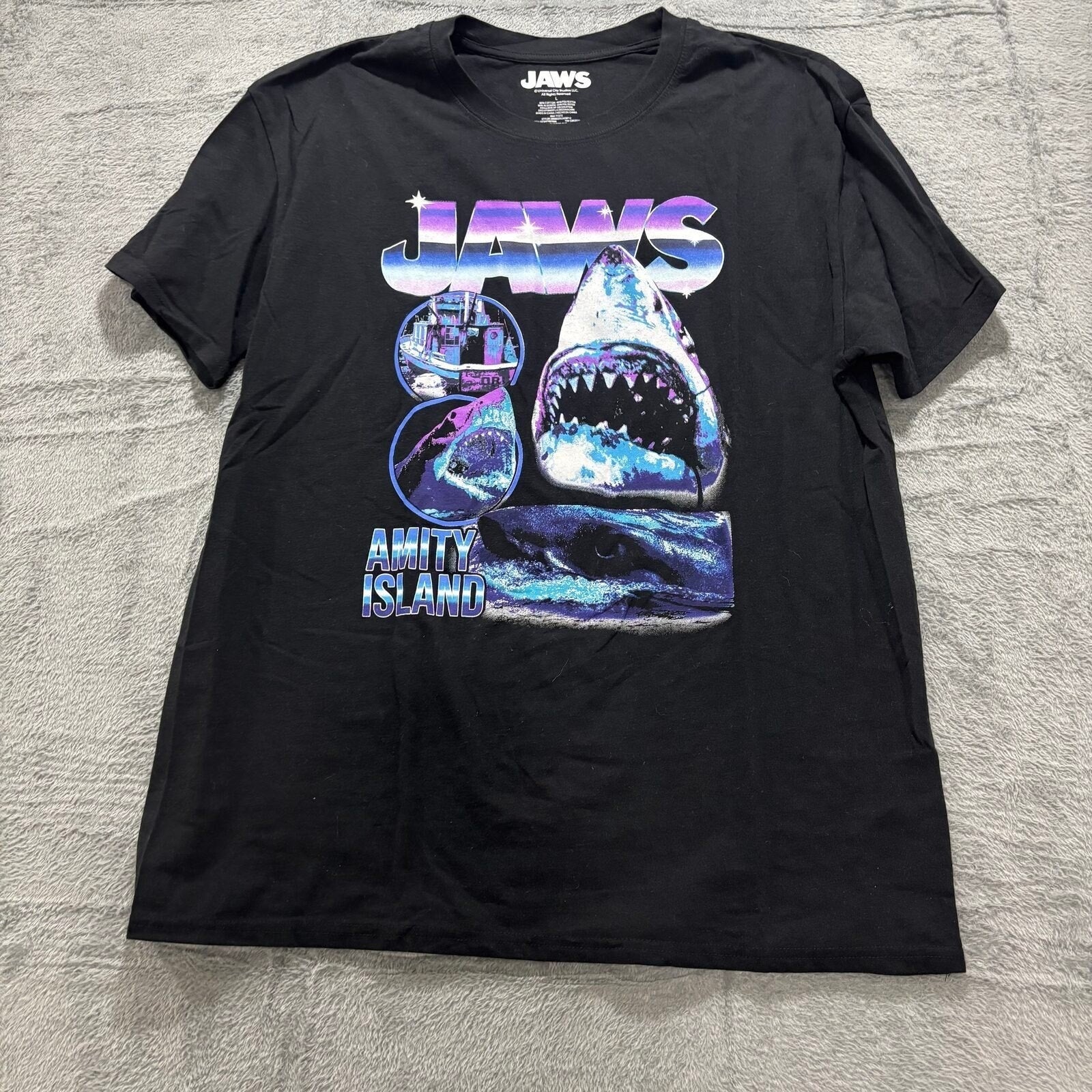 Jaws L Black Womens Graphic T-Shirt Amity Island Retro Vintage Casual