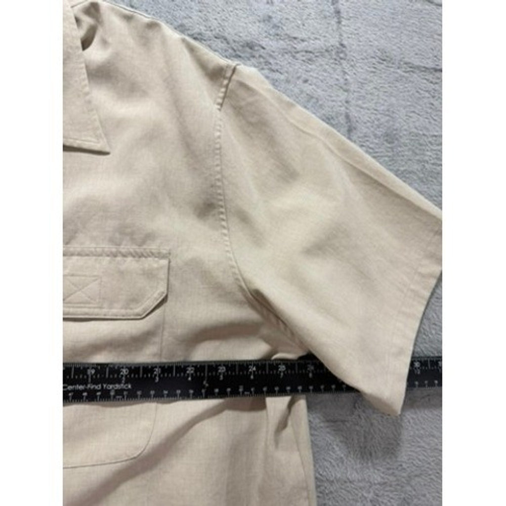 Woolrich Men XL Short Sleeve Button Up Camp Shirt Tan Khaki Safari Utility
