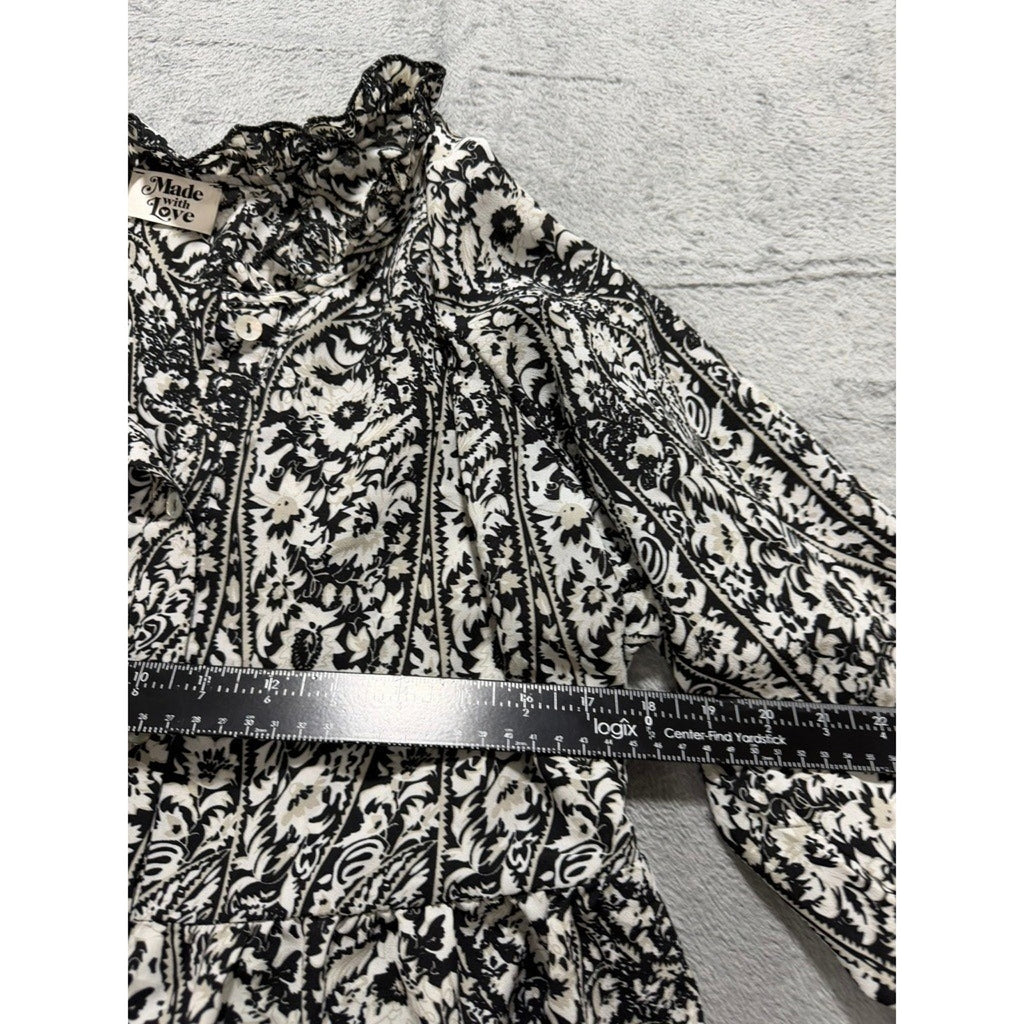 Made with Love Black White Paisley Floral Tiered Mini Dress Ruffle Neck LD3944 M
