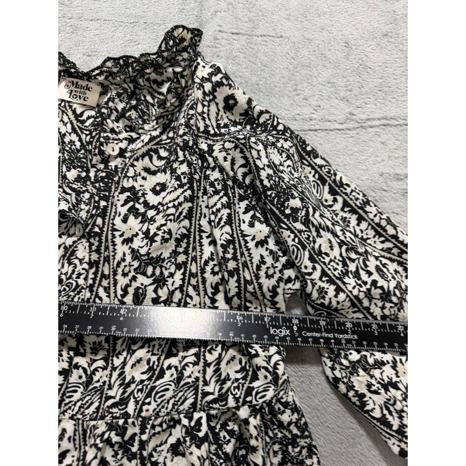 Made with Love Black White Paisley Floral Tiered Mini Dress Ruffle Neck LD3944 M