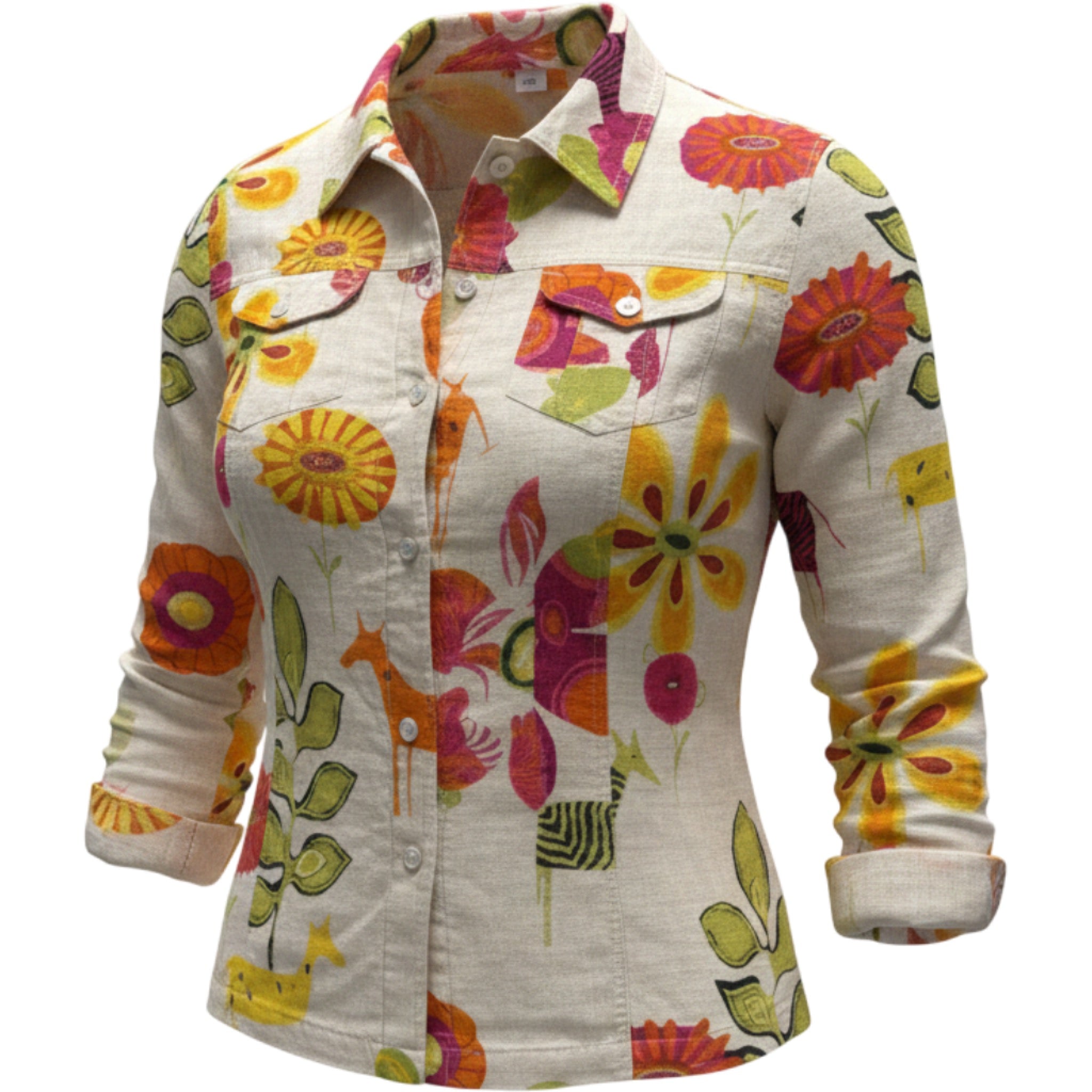 Chicos Linen Jacket Womens Small Floral Print Button Front Lightweight Top
