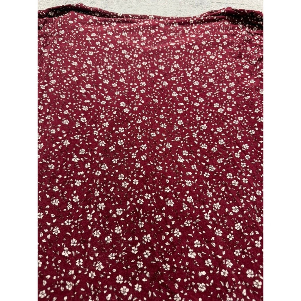 Old Navy Luxe Womens Large Burgundy Floral V-Neck Puff Short Sleeve Top Shirt