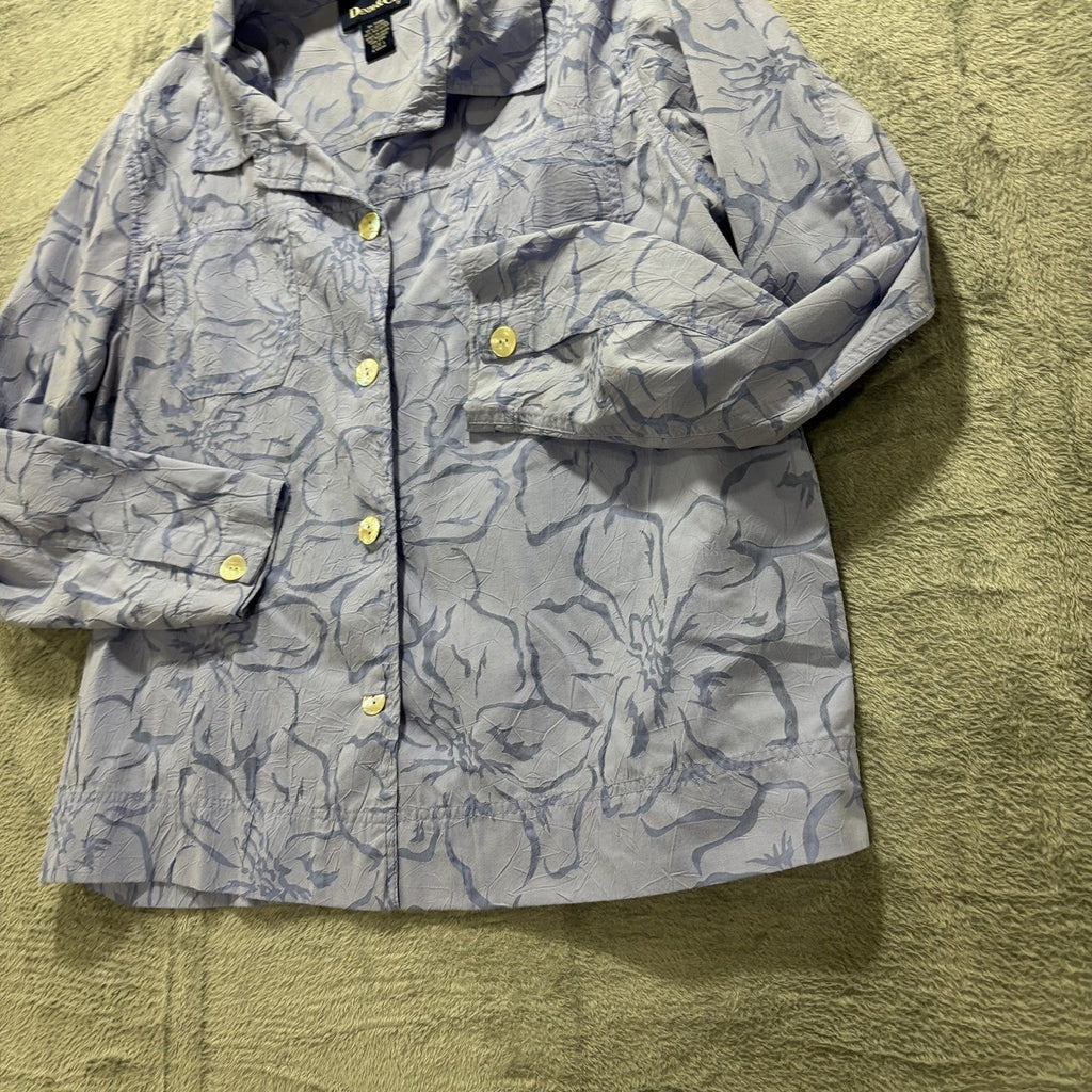 Denim & Co. L Blue Floral Button Down Shirt Womens Casual Coastal Vintage
