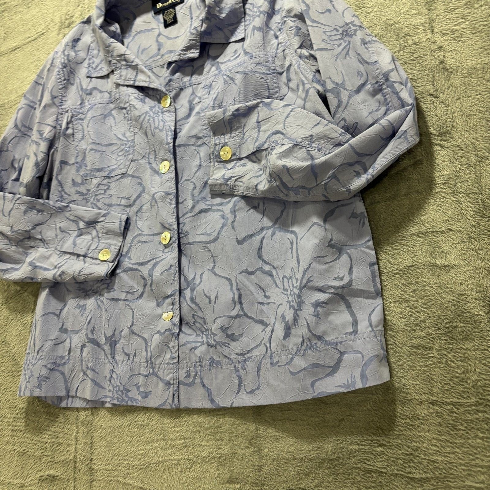 Denim & Co. L Blue Floral Button Down Shirt Womens Casual Coastal Vintage