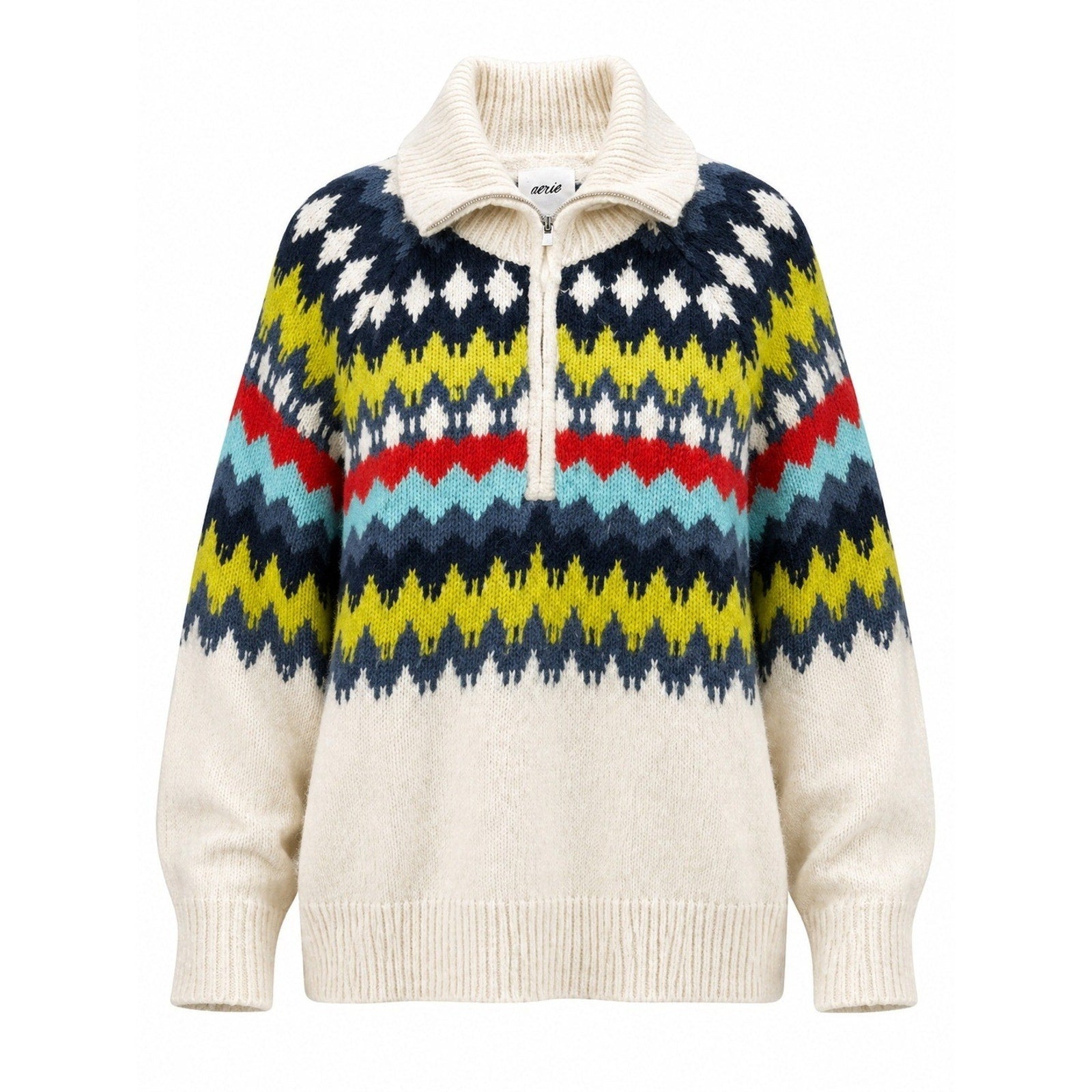 Aerie Fair Isle Sweater Womens L Oversized Nordic Quarter Zip Chunky Cozy