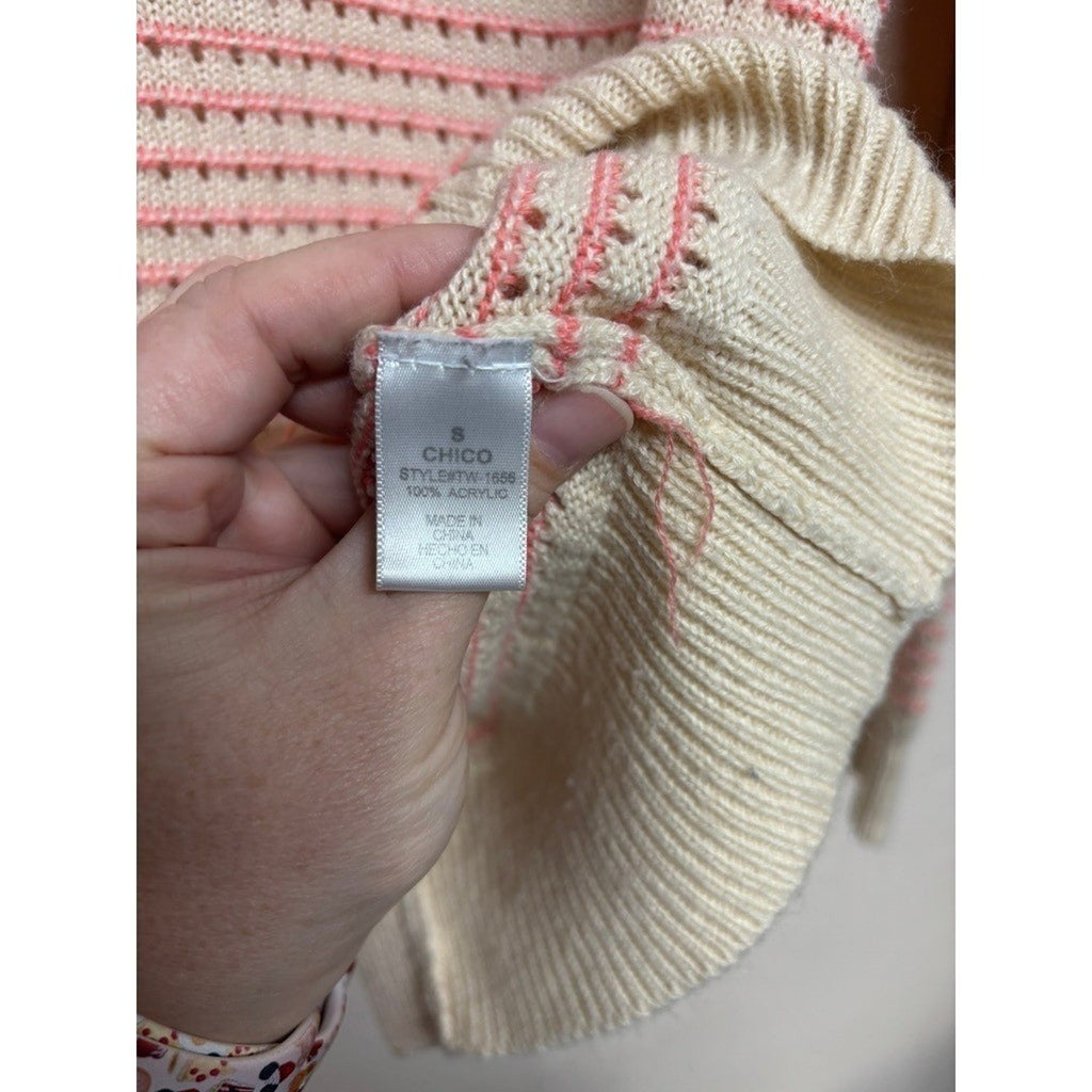 Chico's Womens Small Striped Knit Sweater Cream Pink Long Sleeve Casual Pullover