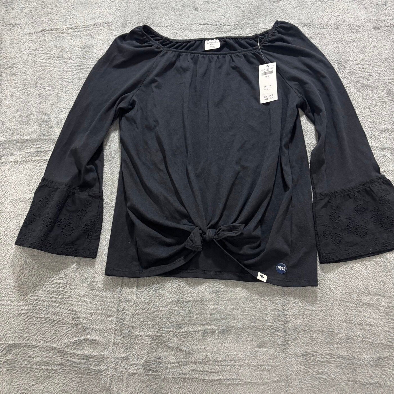 Abercrombie Kids 15/16 Black Womens Front Tie Top Bell Sleeve Boho Casual NEW