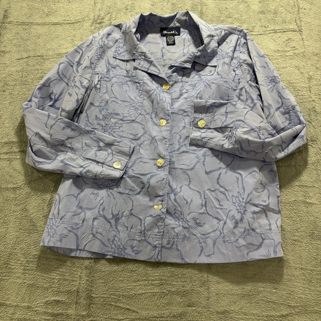 Denim & Co. L Blue Floral Button Down Shirt Womens Casual Coastal Vintage