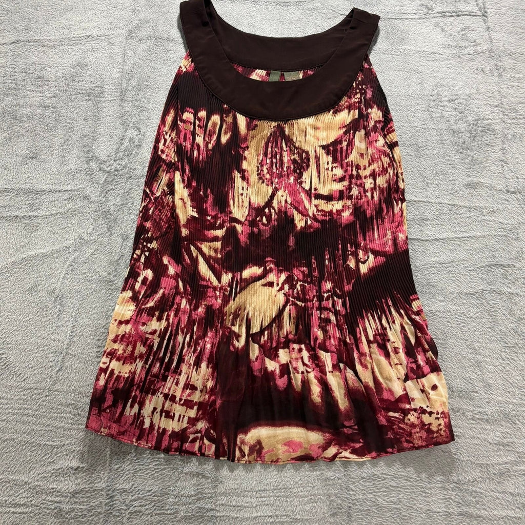 Serenade New York Womens L Brown Pink Abstract Pleated Tank Top Boho Casual