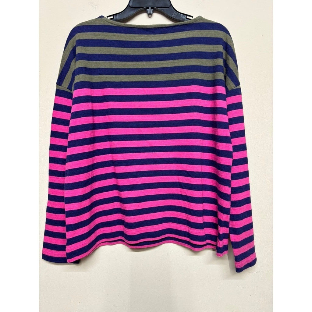 NWT LOFT Large Stripe Button Sweater Pink Navy Olive Long Sleeve Classic Coastal