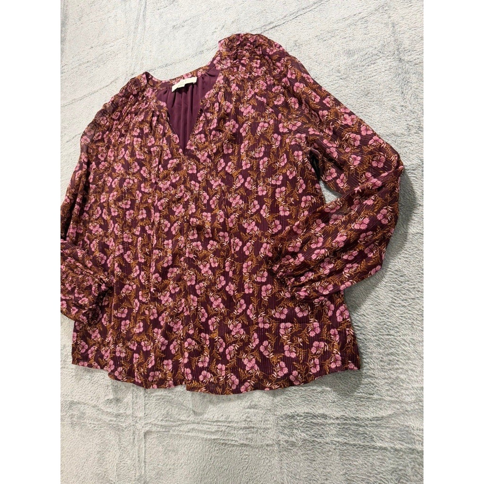 LOFT Womens XL Plum Floral Metallic Stripe Split Neck Balloon Sleeve Blouse