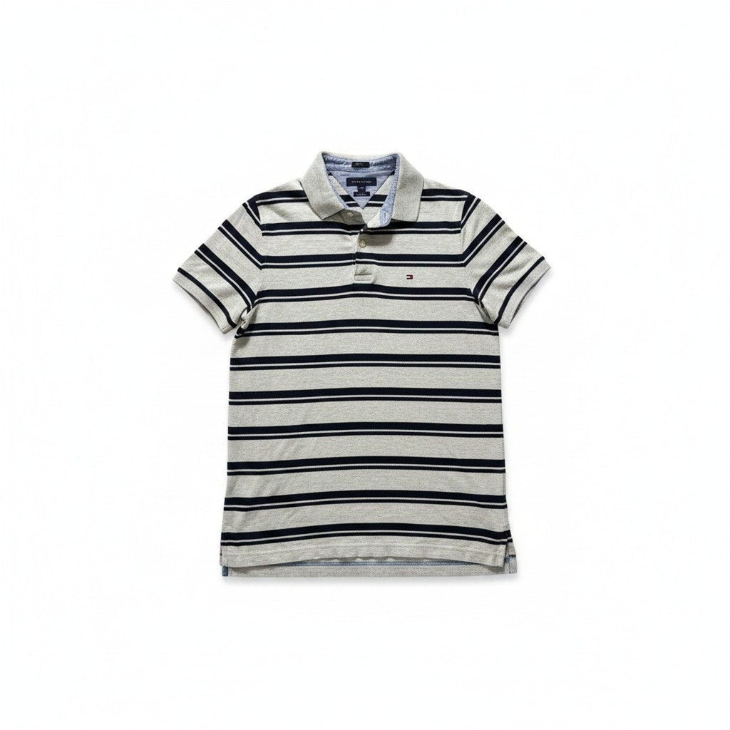 Tommy Hilfiger L Gray Navy Striped Slim Fit Polo Shirt Mens Preppy Casual
