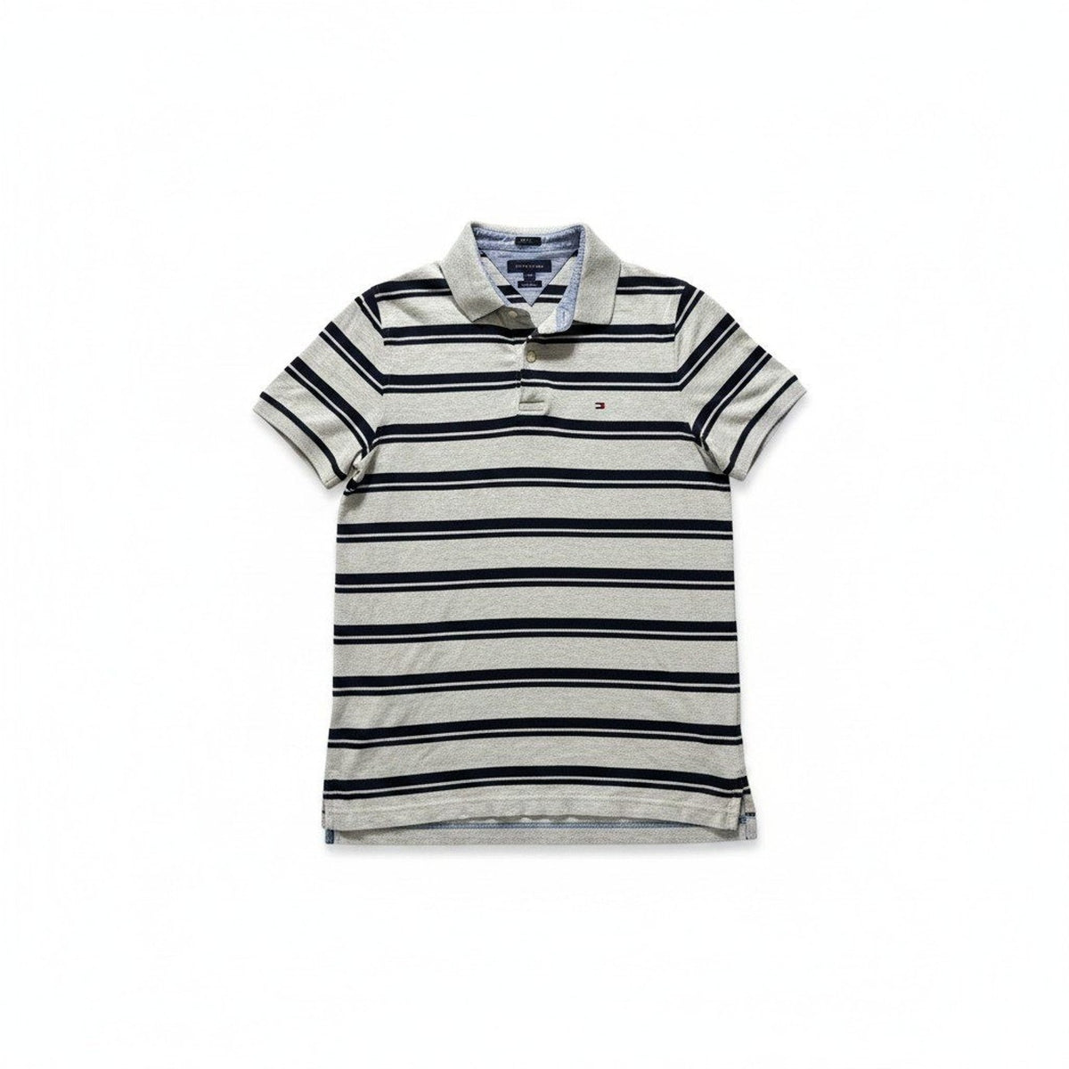 Tommy Hilfiger L Gray Navy Striped Slim Fit Polo Shirt Mens Preppy Casual