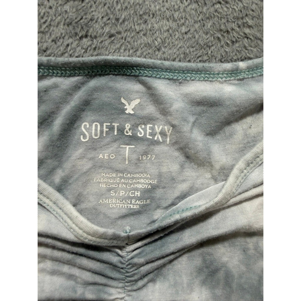 American Eagle Soft & Sexy Tie Dye Ruched V-Neck Lettuce Edge Baby Tee Blue S
