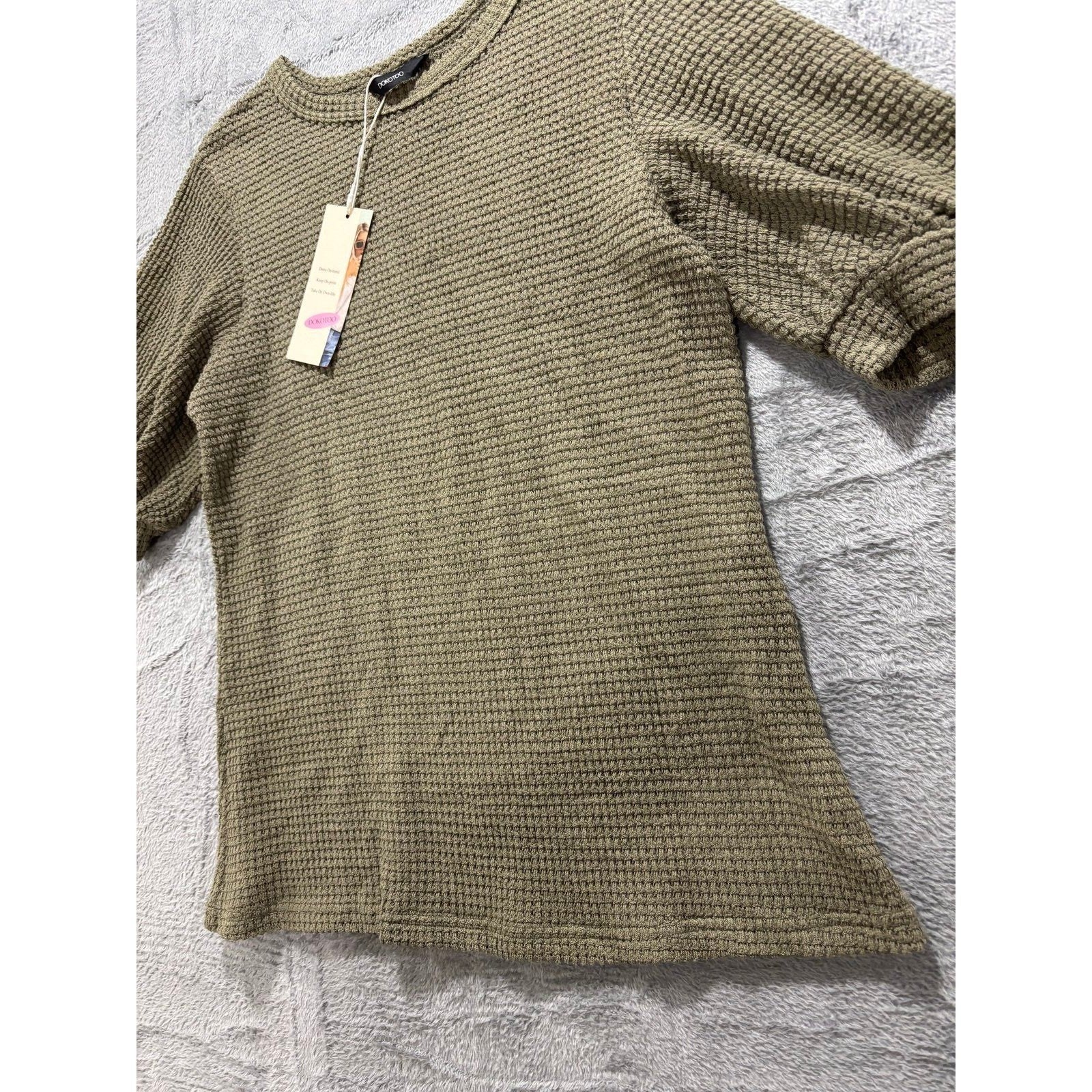Dokotoo Womens S Olive Green Waffle Knit Puff Sleeve Top Casual Cozy Boho