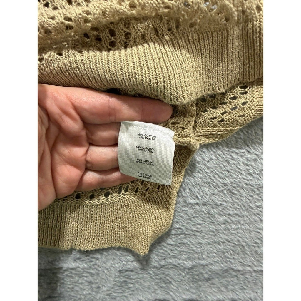 Ellen Tracy Womens XL Tan Diamond Open Knit Crochet Sweater 3/4 Sleeve Boat Neck