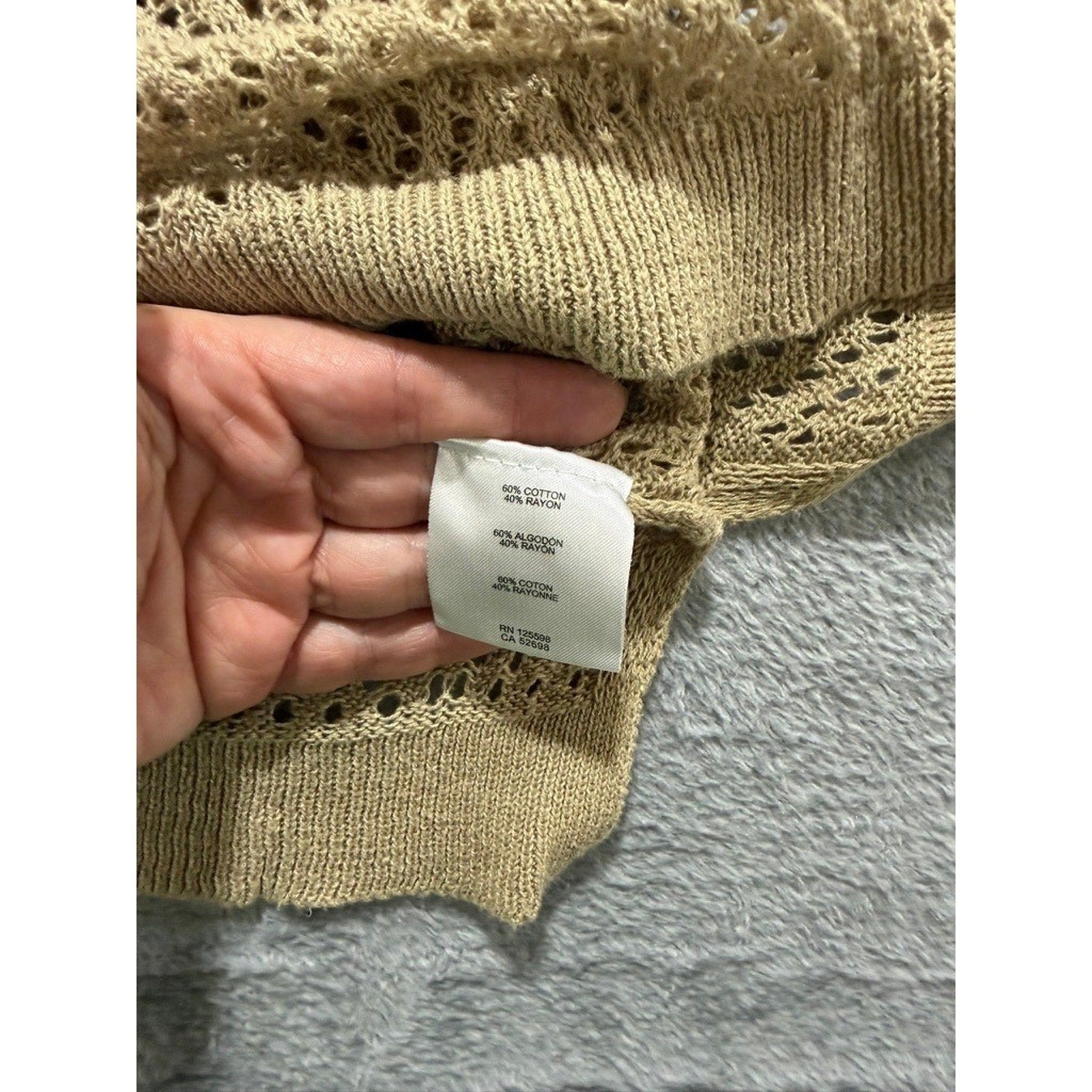 Ellen Tracy Womens XL Tan Diamond Open Knit Crochet Sweater 3/4 Sleeve Boat Neck