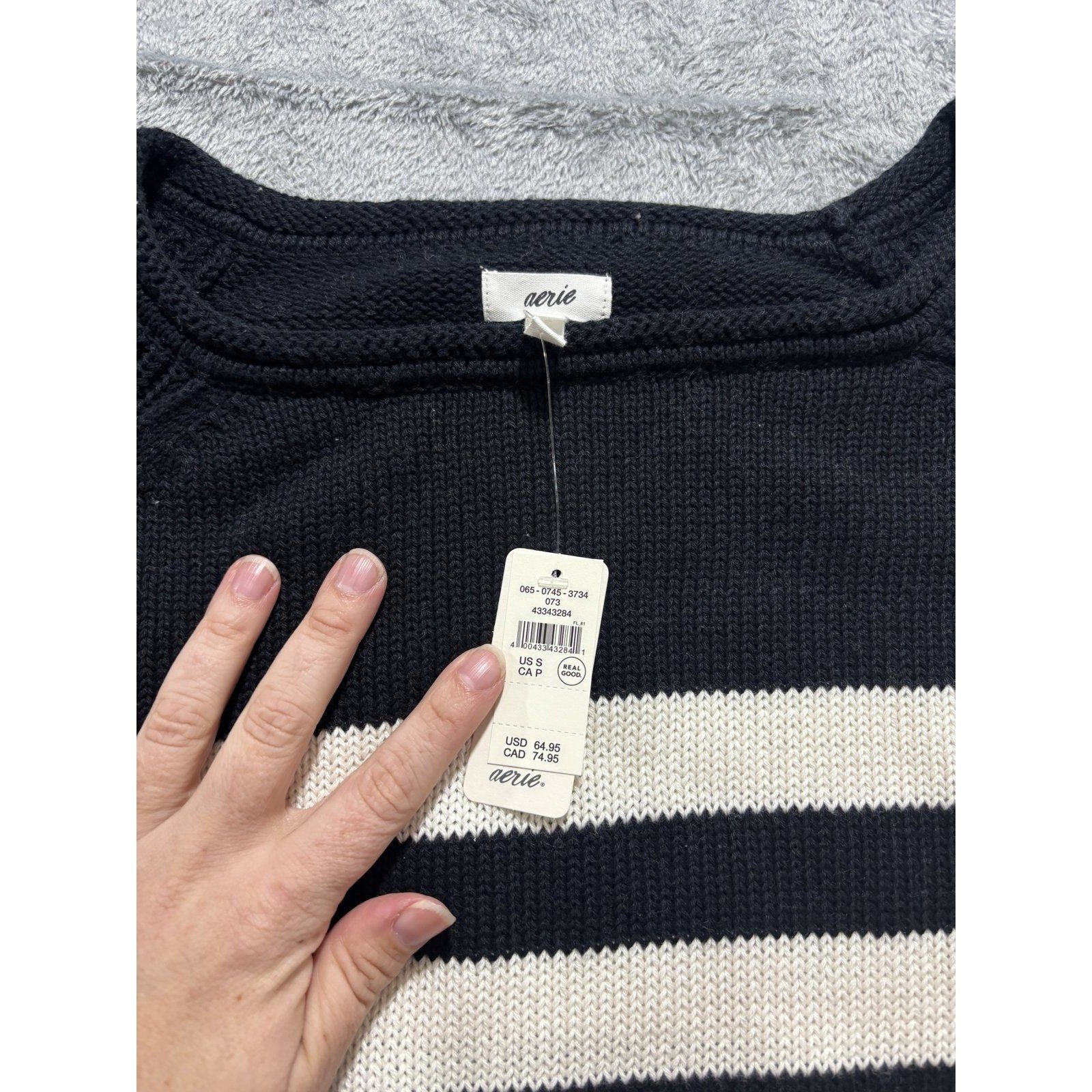 Aerie Womens S Black White Striped Knit Crewneck Sweater Casual Cozy Nautical