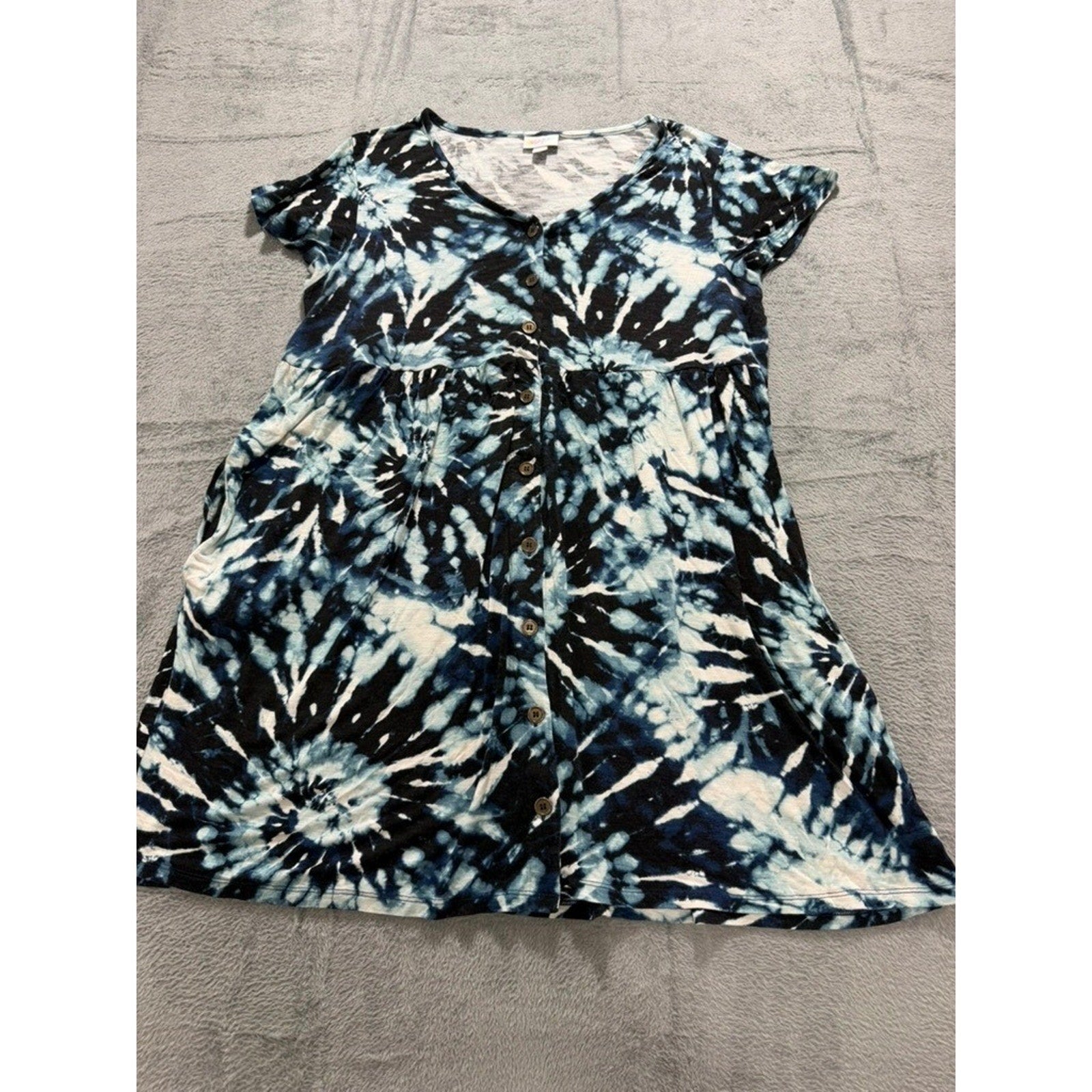 LuLaRoe Blue Black Tie Dye Button Front V-Neck Mini Dress Womens Large Festival