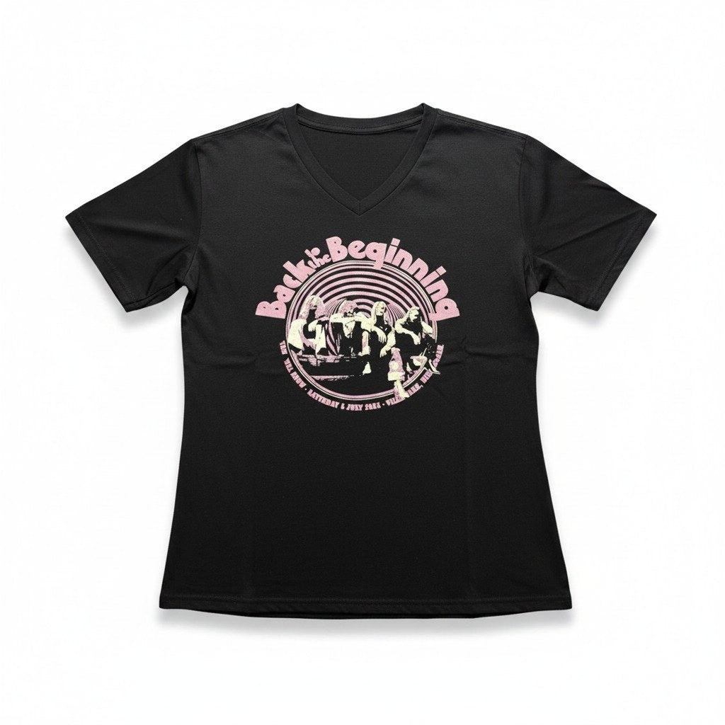 Women L Black Back to the Beginning Concert Graphic V-Neck T-Shirt Vintage Style