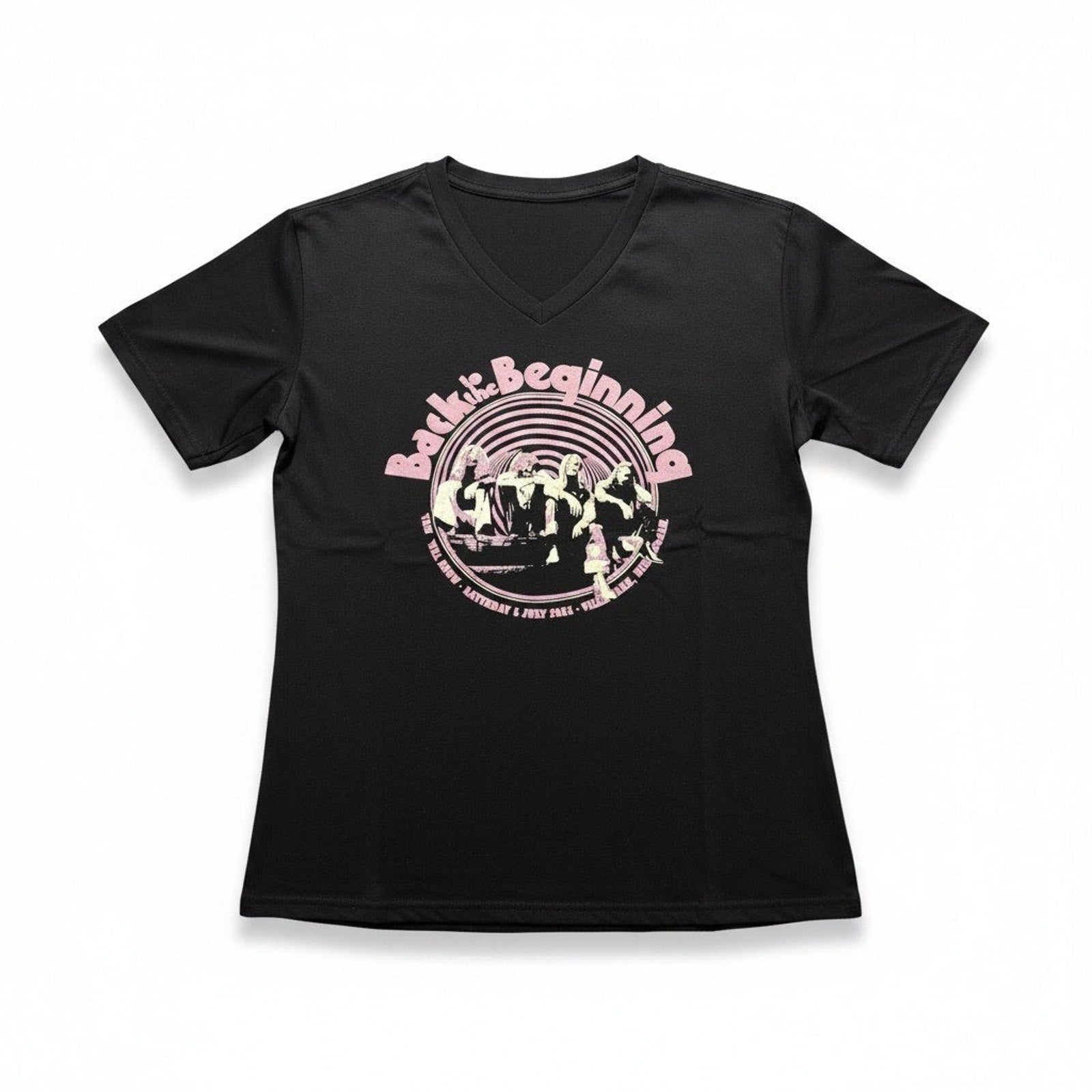 Women L Black Back to the Beginning Concert Graphic V-Neck T-Shirt Vintage Style