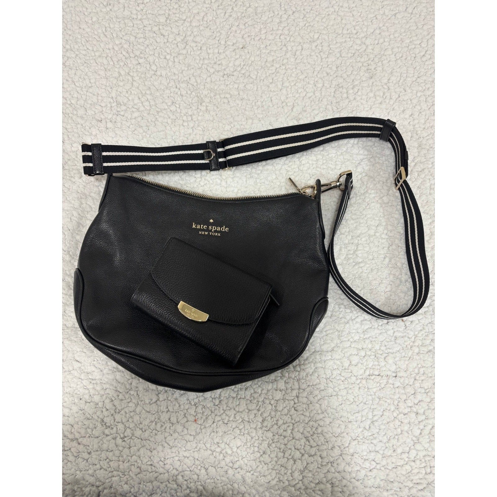 Kate Spade Black Leather Crossbody Bag & Wallet Set Pebbled Flap Purse Gold Logo