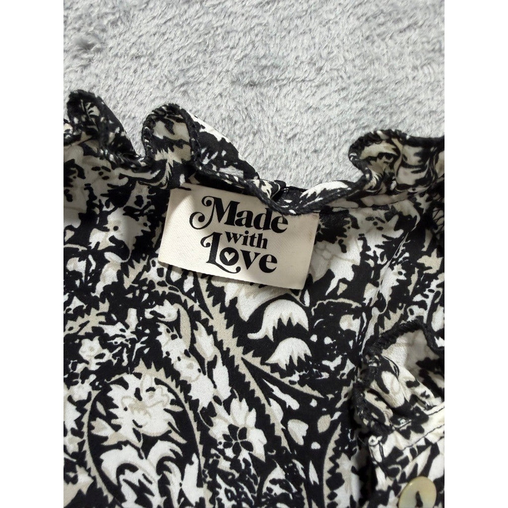 Made with Love Black White Paisley Floral Tiered Mini Dress Ruffle Neck LD3944 M