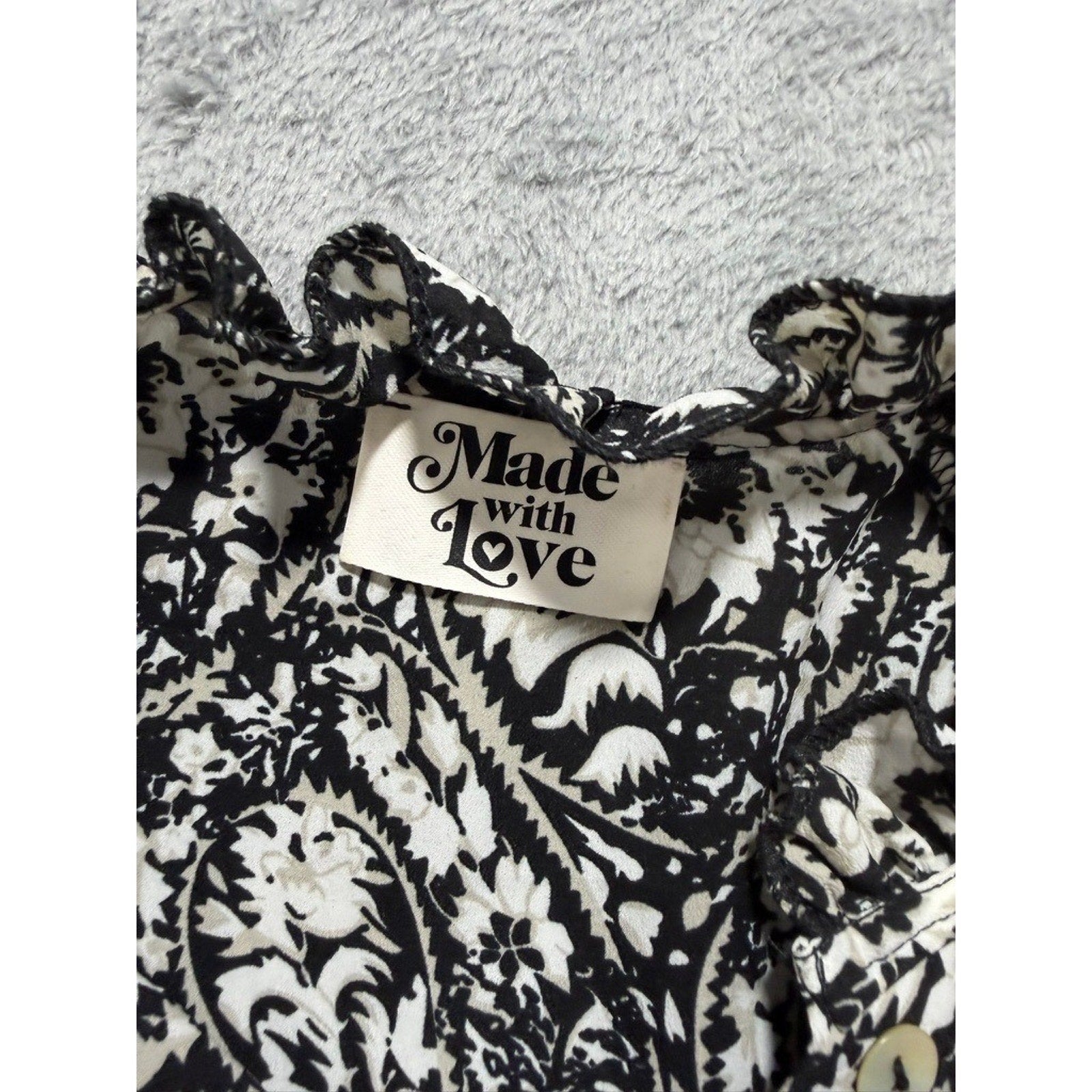 Made with Love Black White Paisley Floral Tiered Mini Dress Ruffle Neck LD3944 M