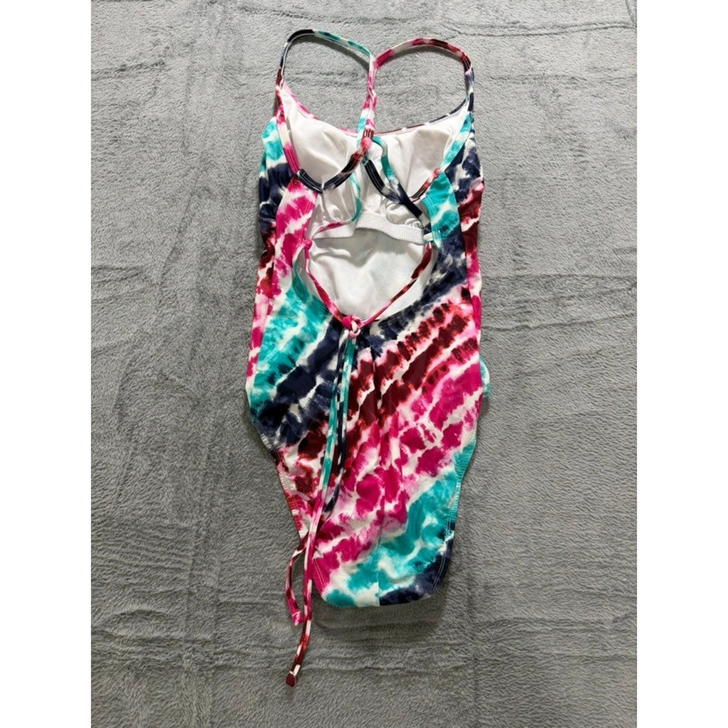 Women Tie Dye One Piece Swimsuit Pink Blue White Strappy Back Athletic