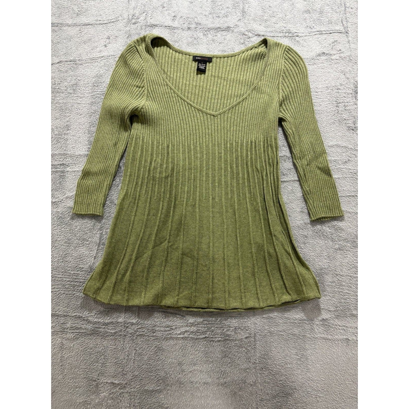 BCBGMAXAZRIA L Green Ribbed Knit V-Neck Peplum Top Womens Boho Casual