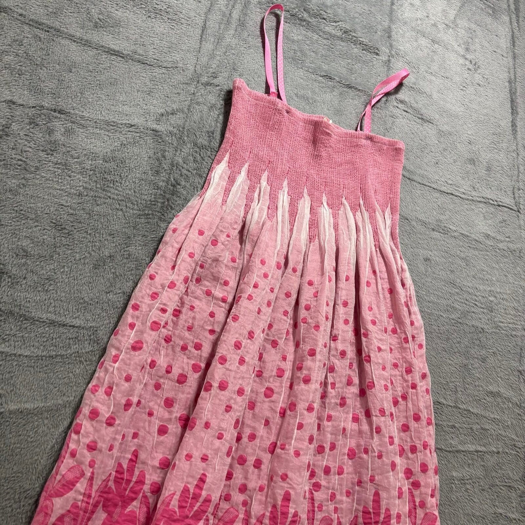 Lapis Womens OS Pink Smocked Polka Dot Floral Maxi Dress Boho Festival