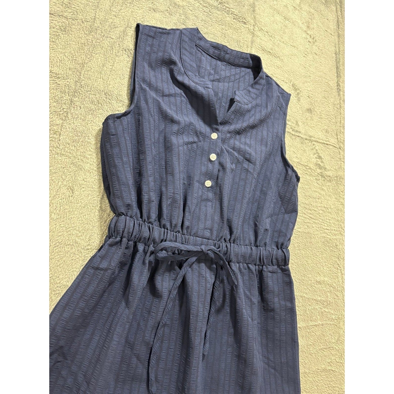 SHEIN Womens M Navy Blue Sleeveless Seersucker Mini Dress Casual Coastal Boho