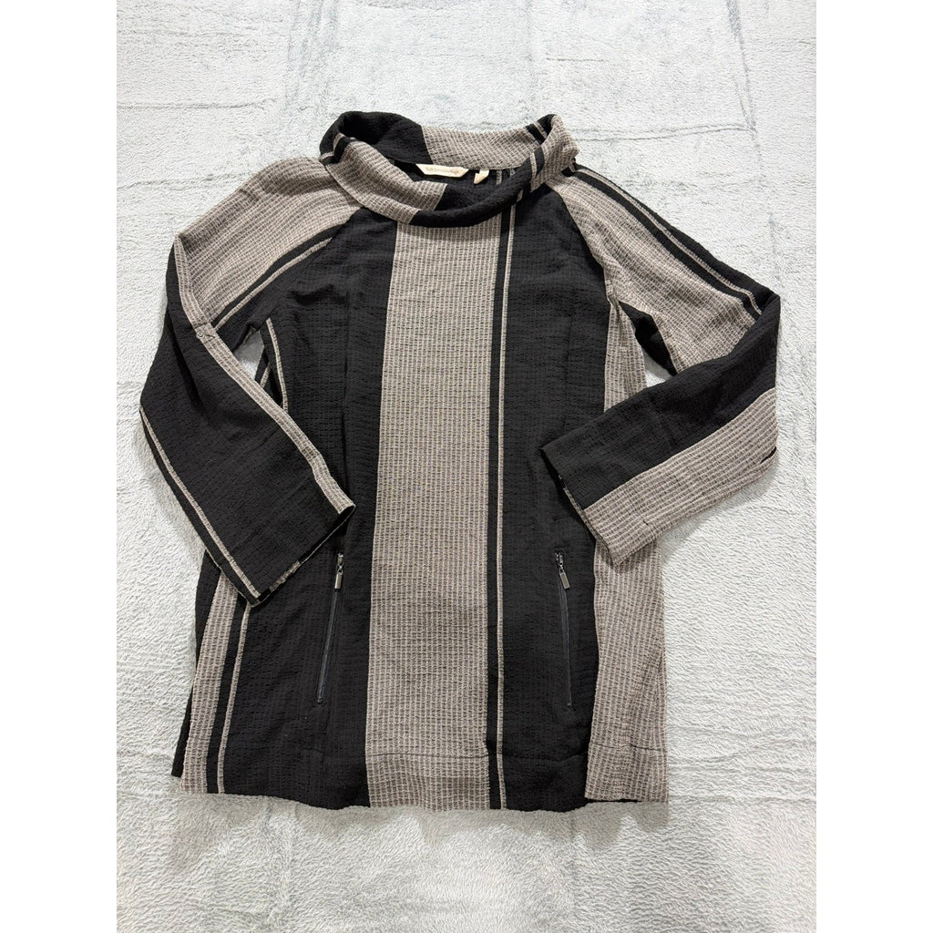 Soft Surroundings Womens Small Black Tan Striped Cowl Neck Tunic Zip Pockets